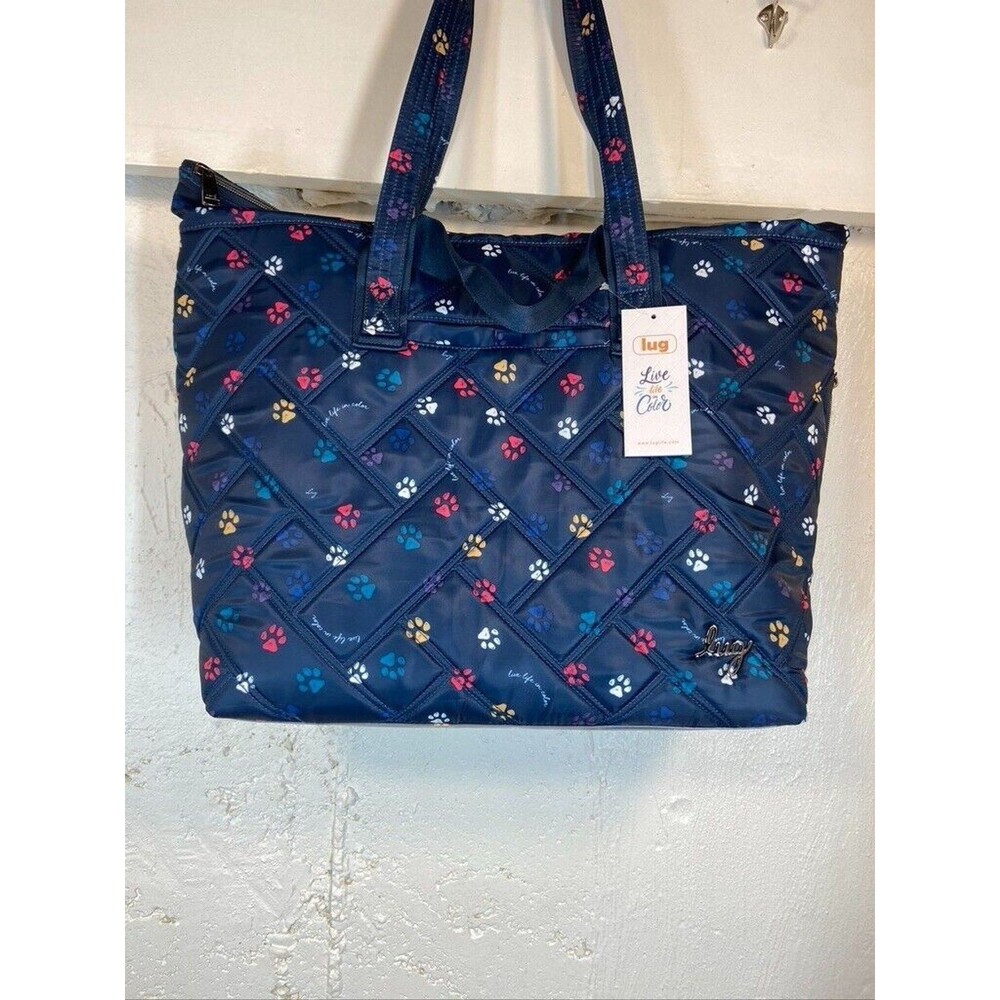 lug Navy Quilted Tote with Multicolor Paw Print